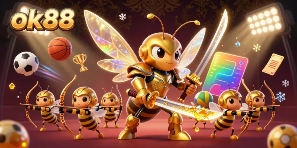 Engage with ok88's exciting gaming experience featuring a vibrant, dynamic illustration of a golden hornet in action.