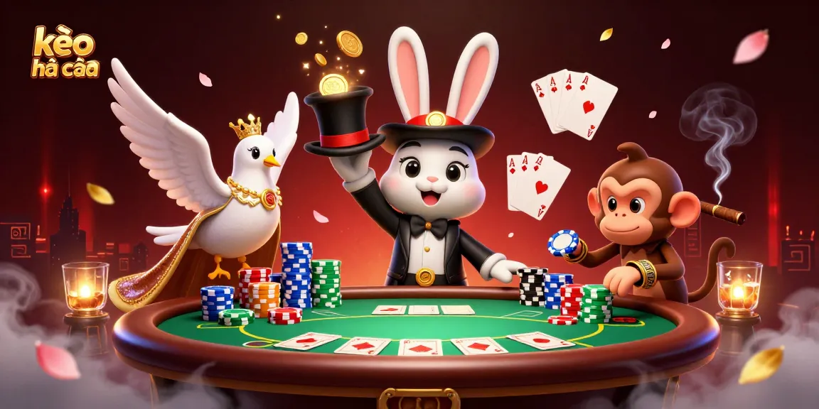 Engage with kèo nhà cái through a vibrant illustration of a magician, dove, and monkey at a poker table.