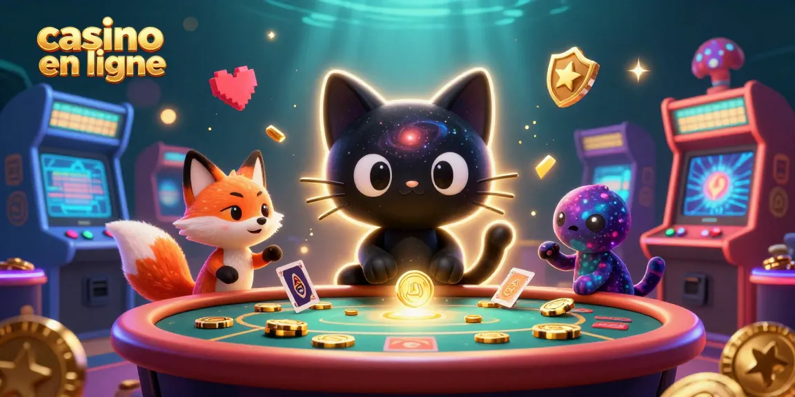 Jouez au casino en ligne avec un chat noir cosmique et un renard nébuleux au centre d'une illustration dynamique.