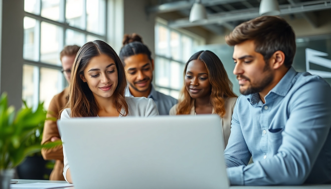 Engaged team of recruiting agencies professionals collaborating in a modern office environment.
