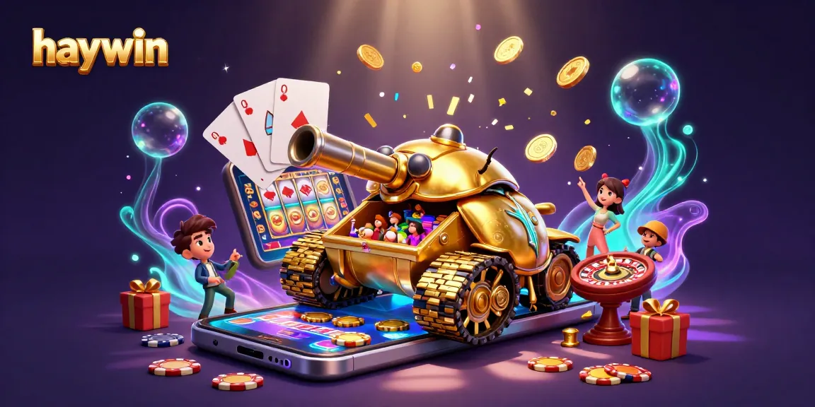 Experience exciting gaming action with haywin in a colorful, dynamic 3D casino scene filled with treasures and game elements.