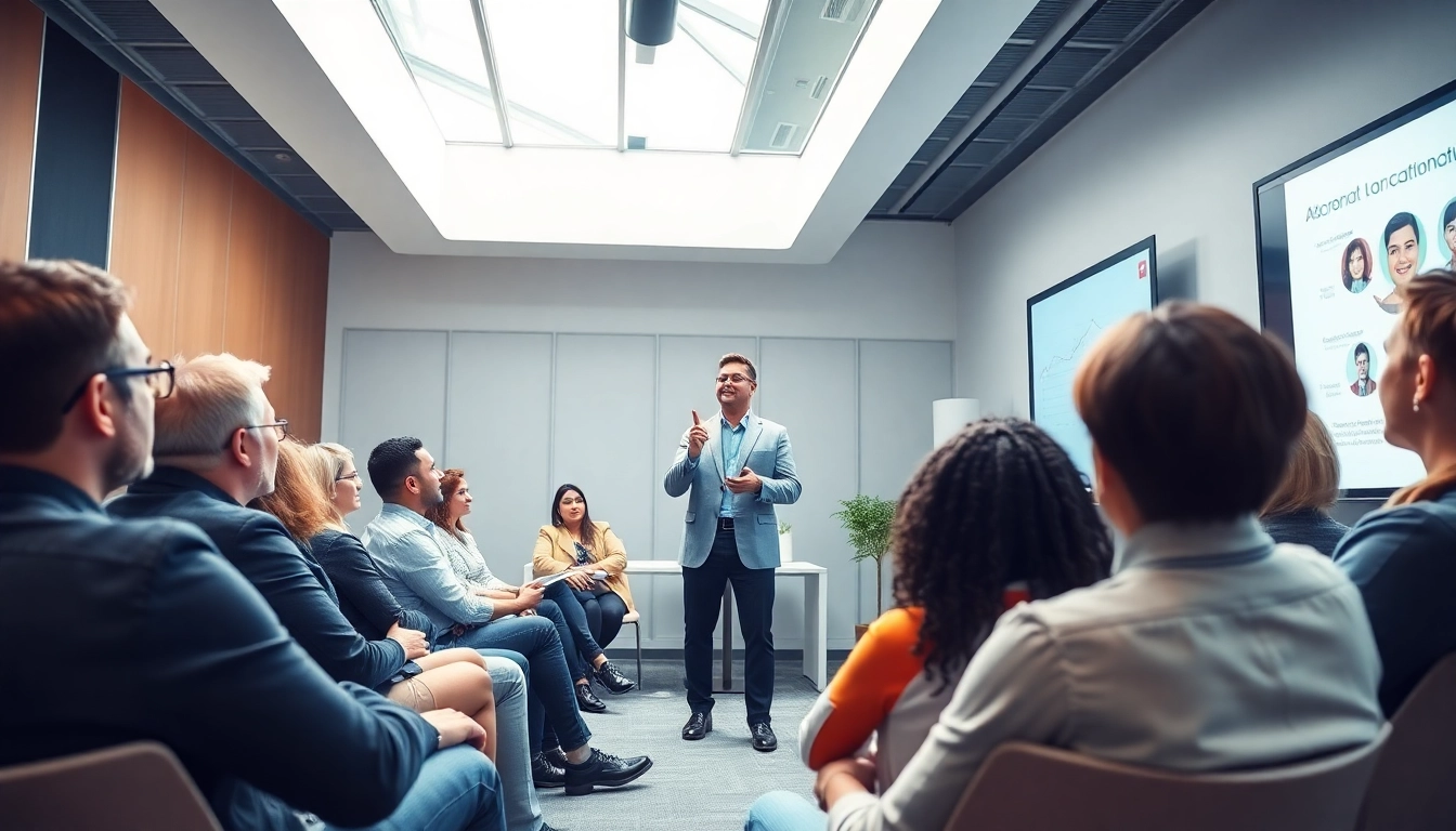 Engaging executive communication coach guiding participants in a professional setting.
