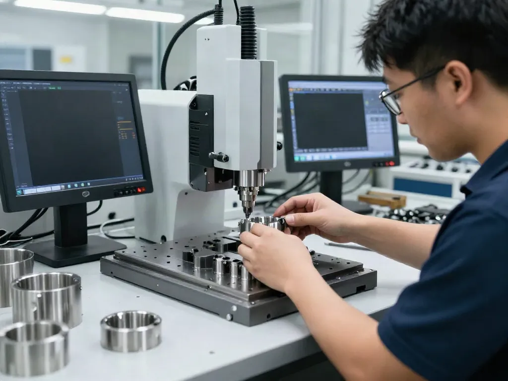 Machined stainless steel parts being crafted in a professional CNC machining workshop with advanced machinery.