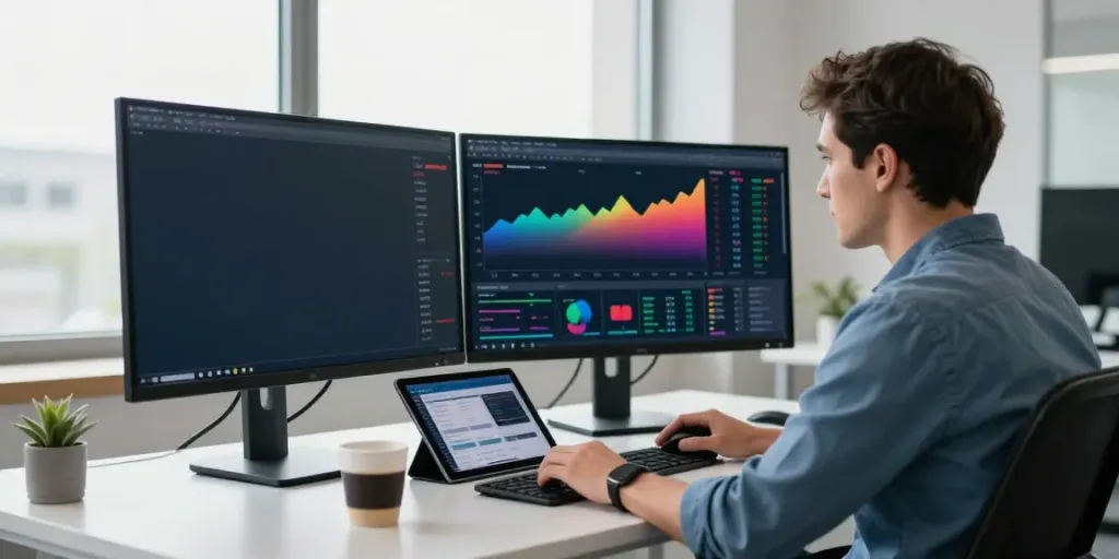 Trader analyzing MetaTrader 5 data on dual monitors in a modern workspace.