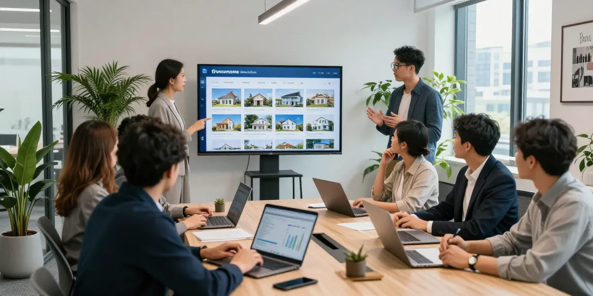 Woningunie Immobilienbesprechung mit engagiertem Team im modernen Büro