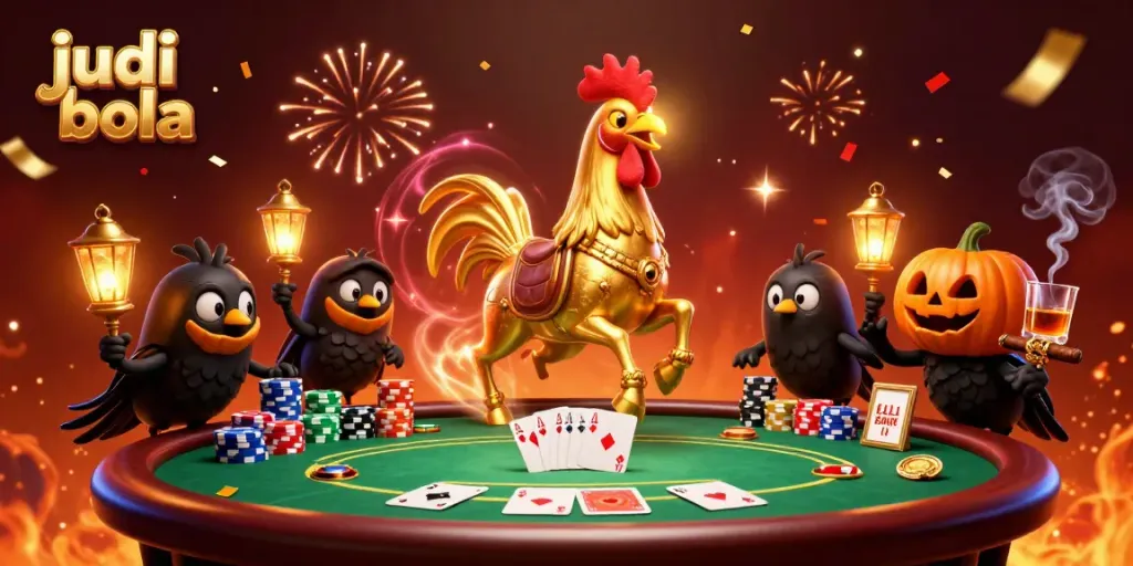 Gambaran judi bola di kasino dengan karakter ayam emas dan kuda spectral.