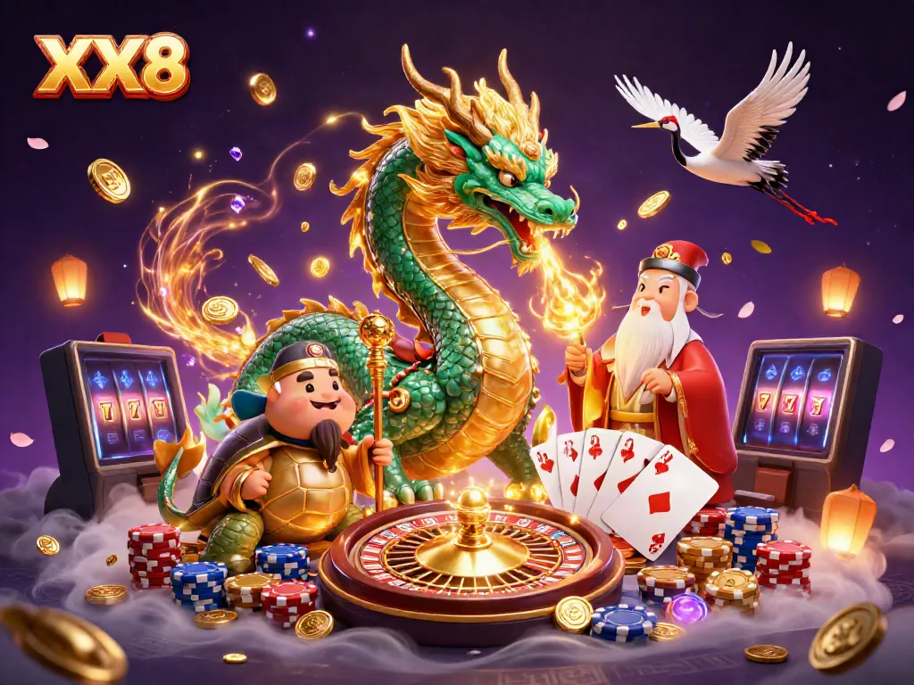 Experience the thrill of XX8 with a jade dragon and 3D characters surrounded by casino elements.