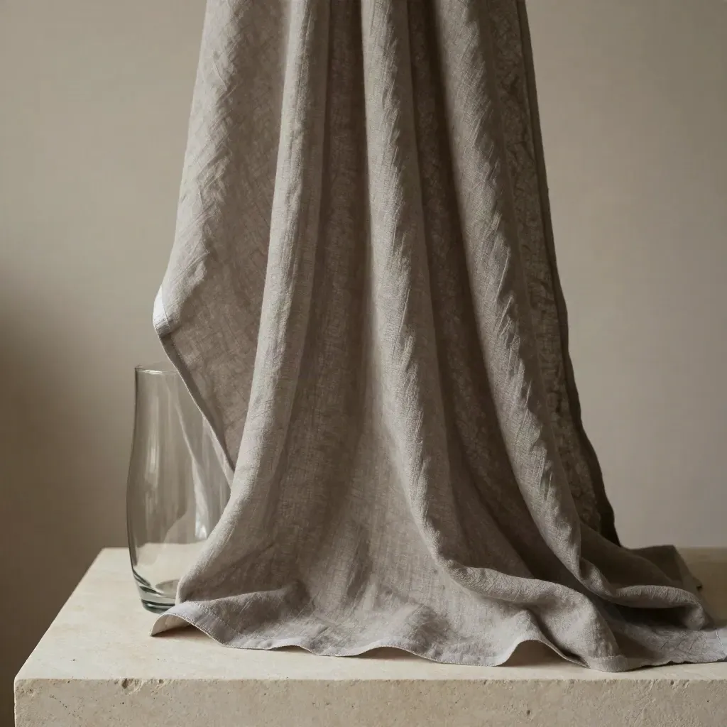 Linen sheer panels on a pale stone plinth with a clear vase in soft daylight.