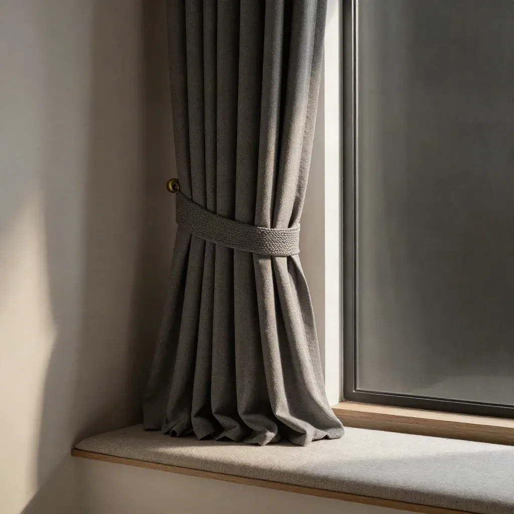 Blackout curtain set with brass rod ends in a breezy window nook, softly lit at dusk.