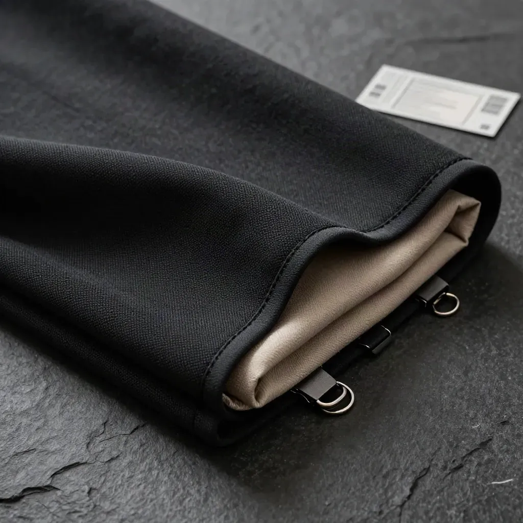 Macro of blackout drapes on charcoal stone with exposed lining and ring clips
