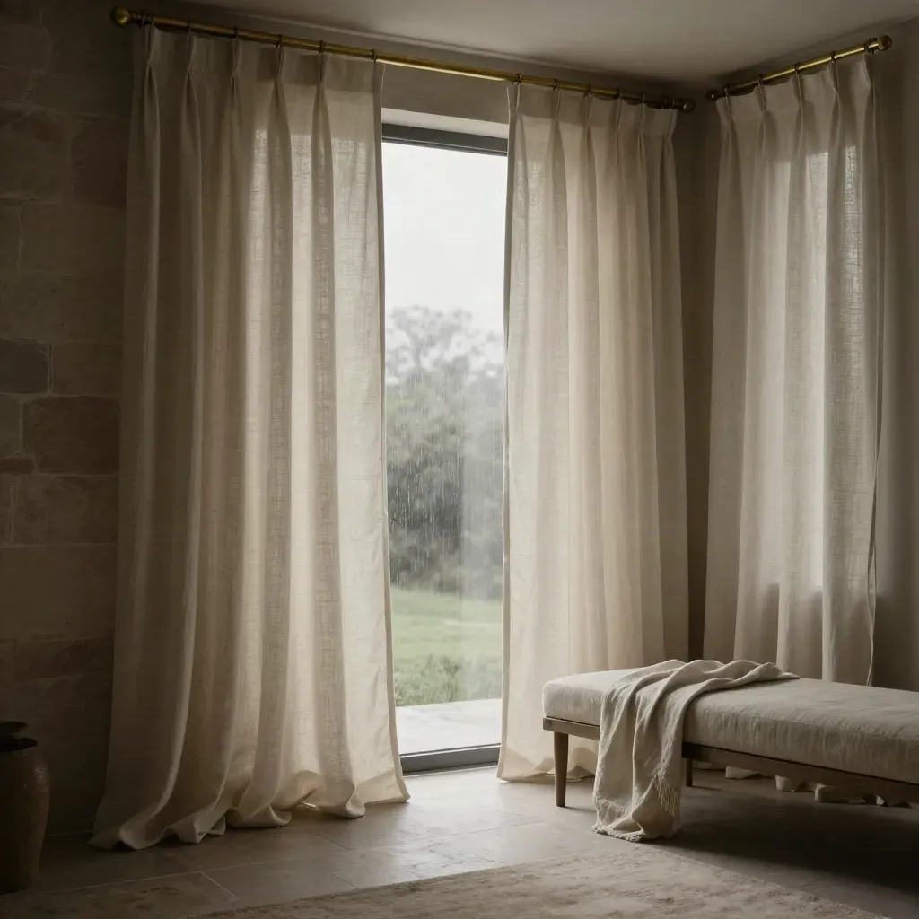 Ivory blackout curtains opening in a stone bedroom bay at dawn after rain.
