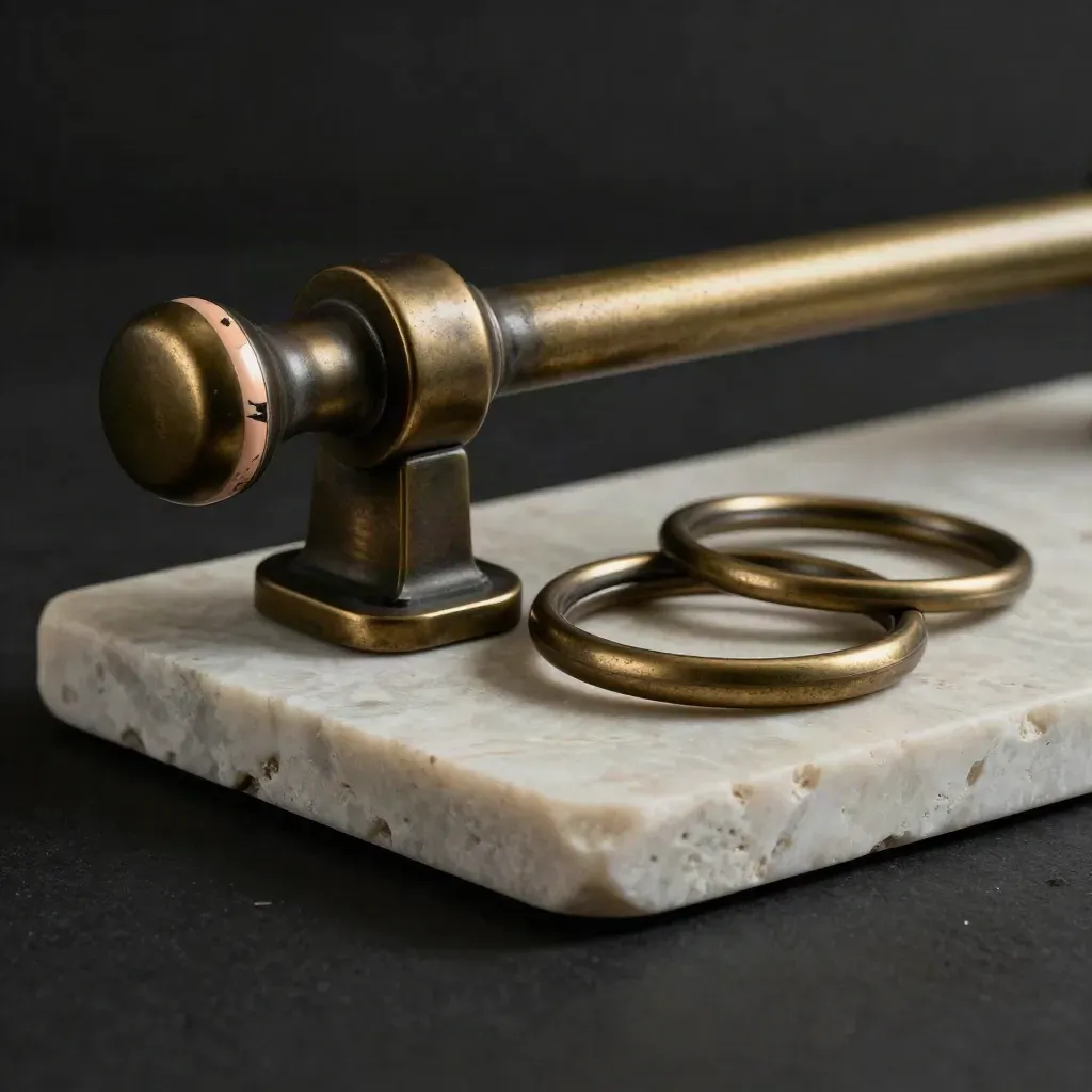 Matte brass curtain rod and hardware on pale limestone with dramatic side light and haze.