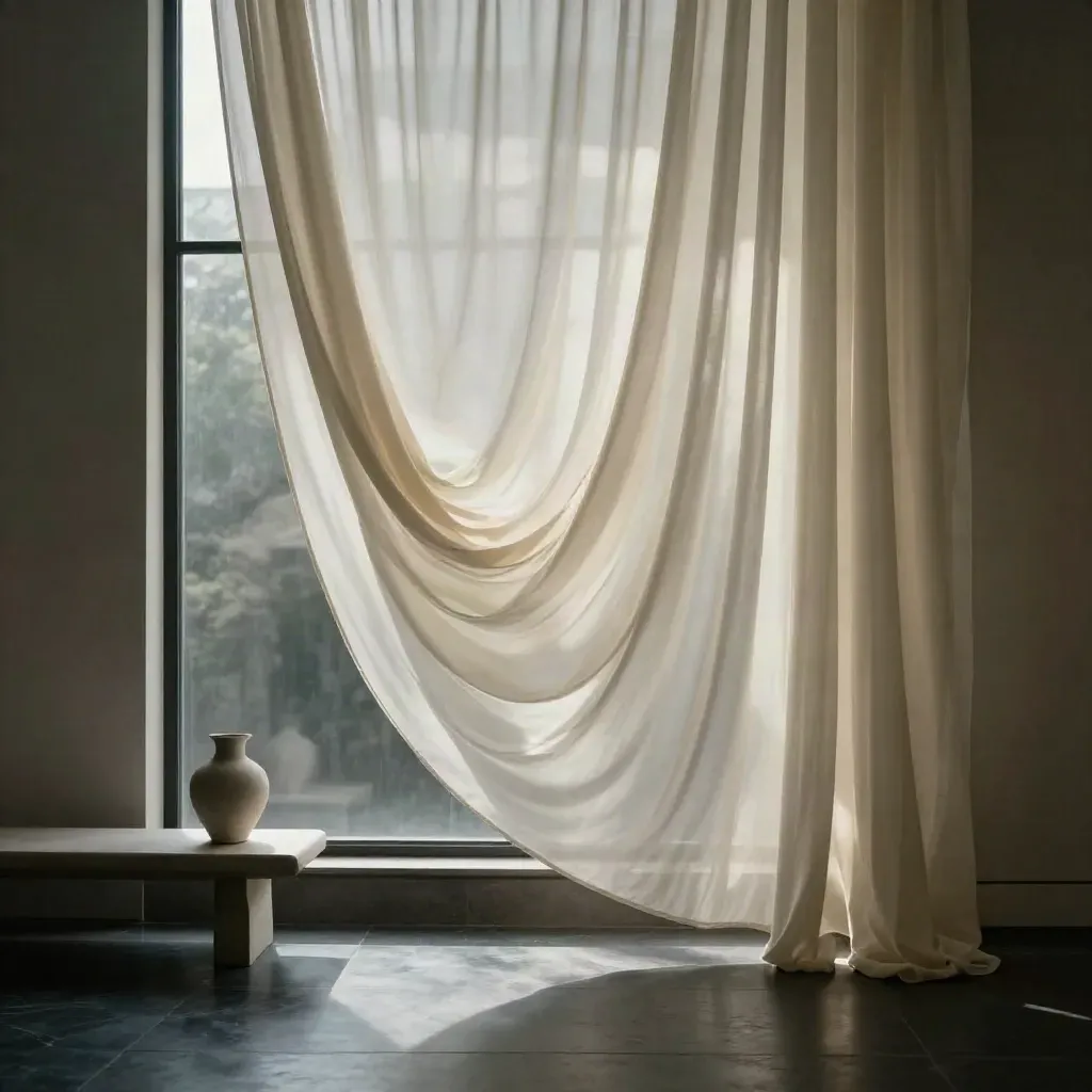 Ivory sheer wave panels glowing in a tall window with a plaster vase and pale bench.