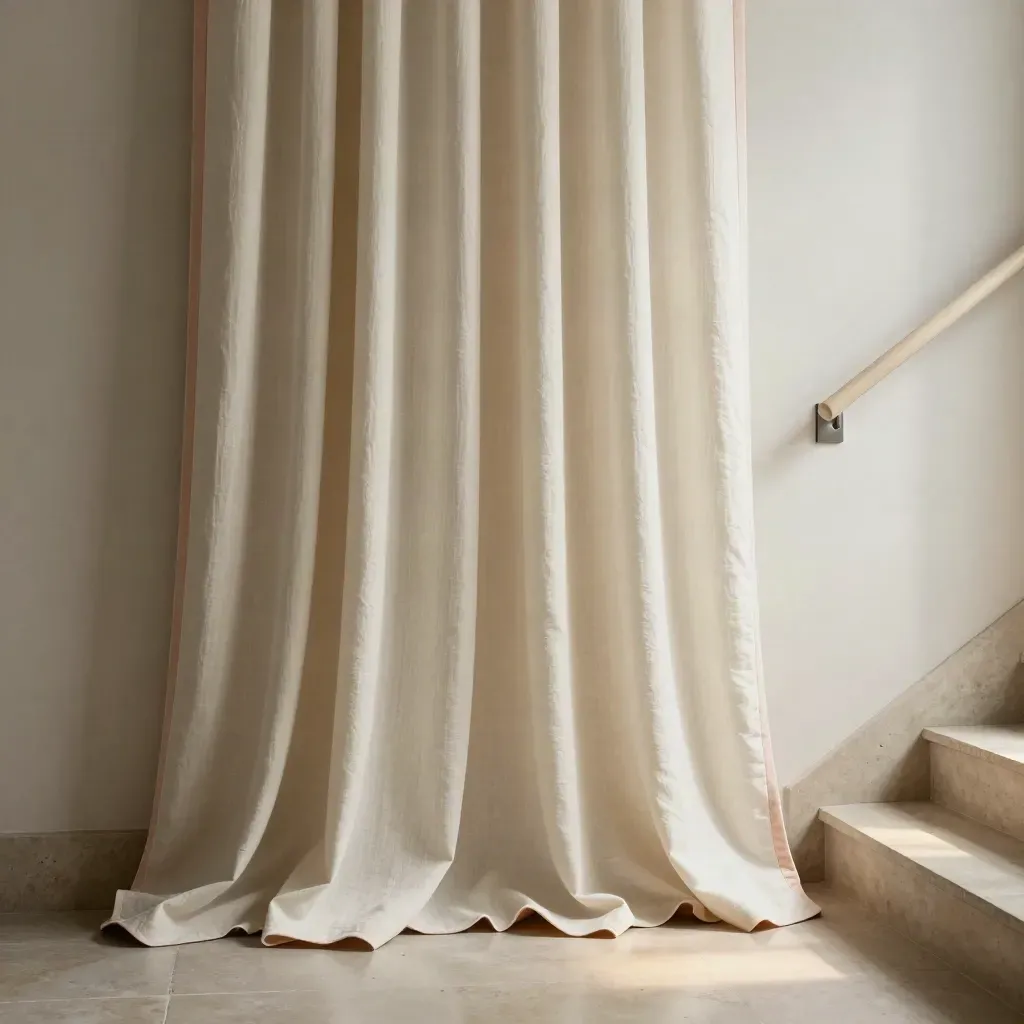 Custom drapes settling in a bright stair hall with swatches and hardware, low angle.
