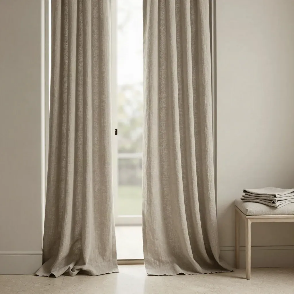 Belgian linen curtain pair settling in a bright doorway beside a window seat and folded throw
