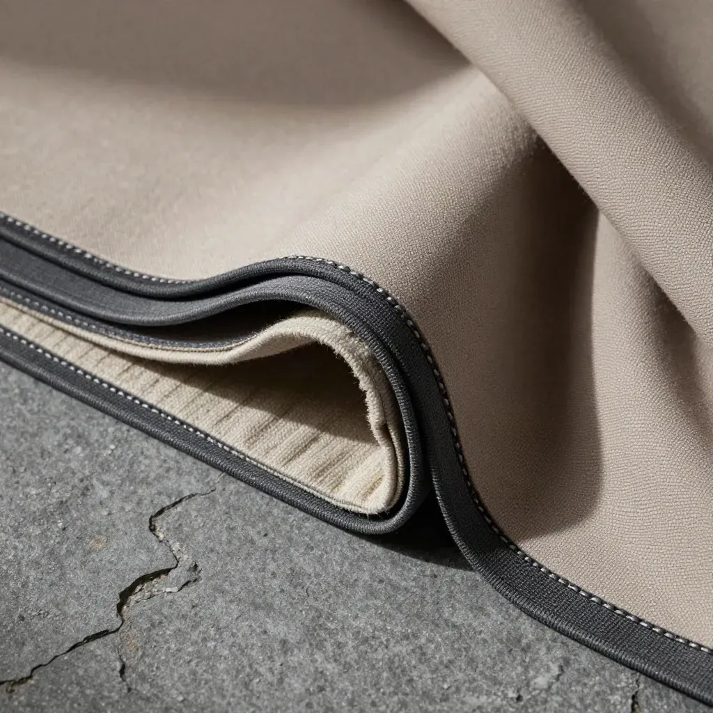 Folded thermal blackout liner with stitched edge and dense core on cool stone, lit from upper left.