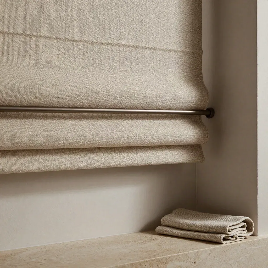 Half-lowered woven Roman shade in a plaster alcove with soft daylight and natural fiber texture.