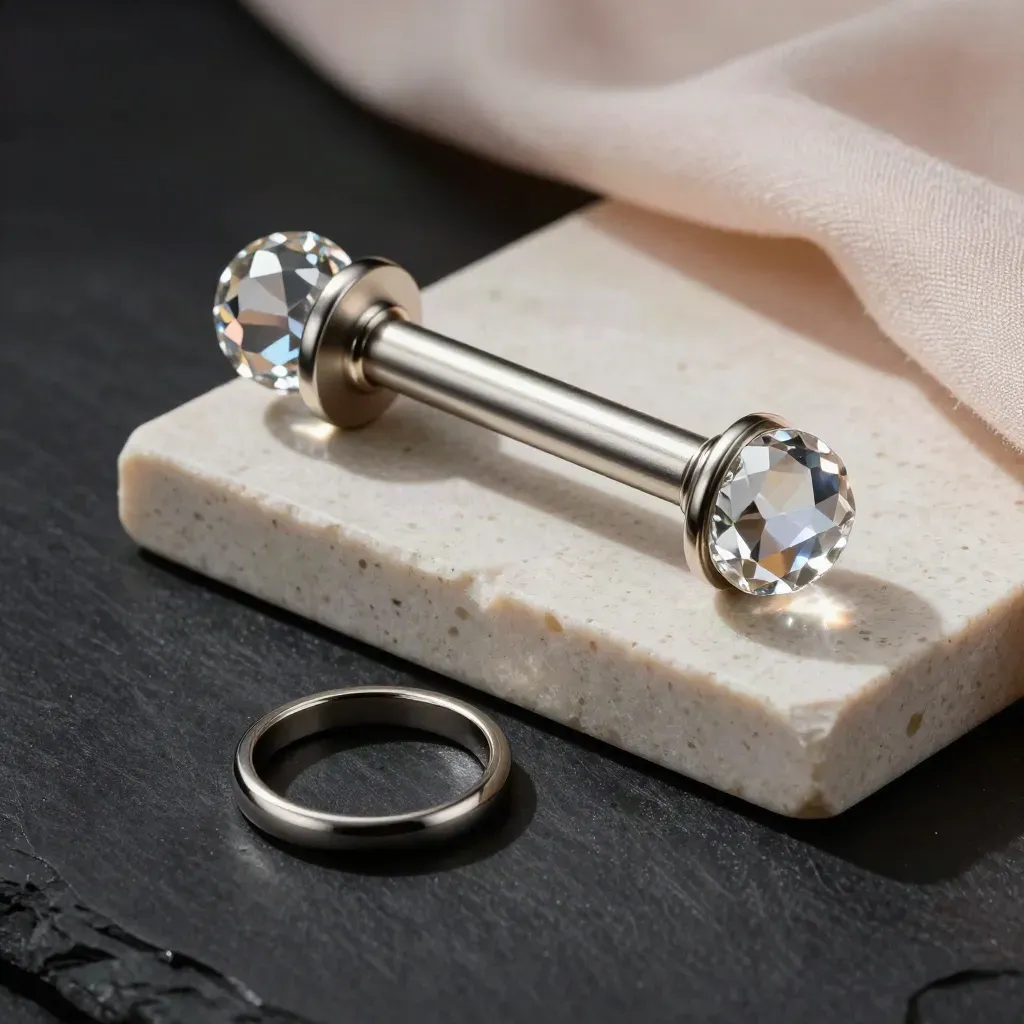 Crystal finial curtain rod set on stone with nickel hardware and prismatic highlights.