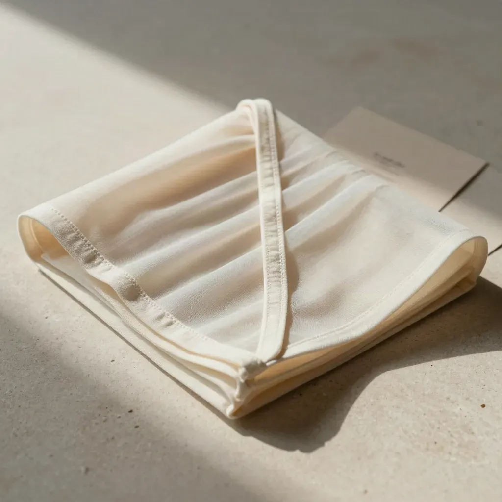 Pleated sheer curtain panel folded on pale stone with warm taupe shadows