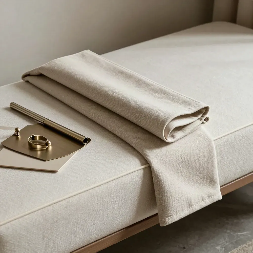 Hotel-style valance with crisp corners on an upholstered bench beside brushed hardware samples.