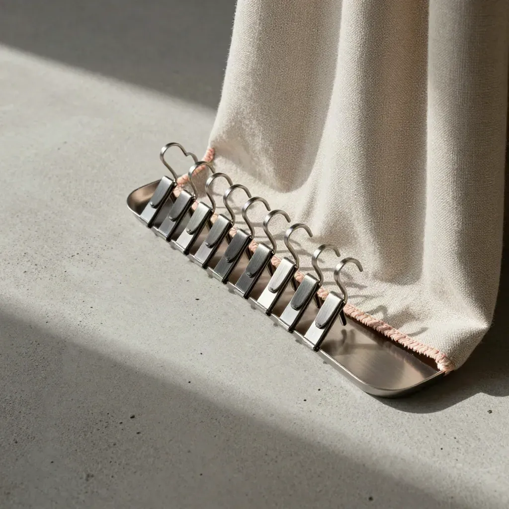 Overhead flatlay of drape clip hooks, curtain hem sample and brushed tray on pale concrete.