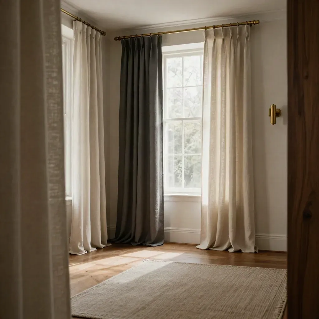 Sunlit living room with layered linen drapes, plaster walls, and oak floors