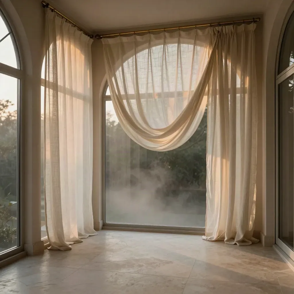 Sunlit sheer-panel sunroom with arched windows and a calm limestone floor.