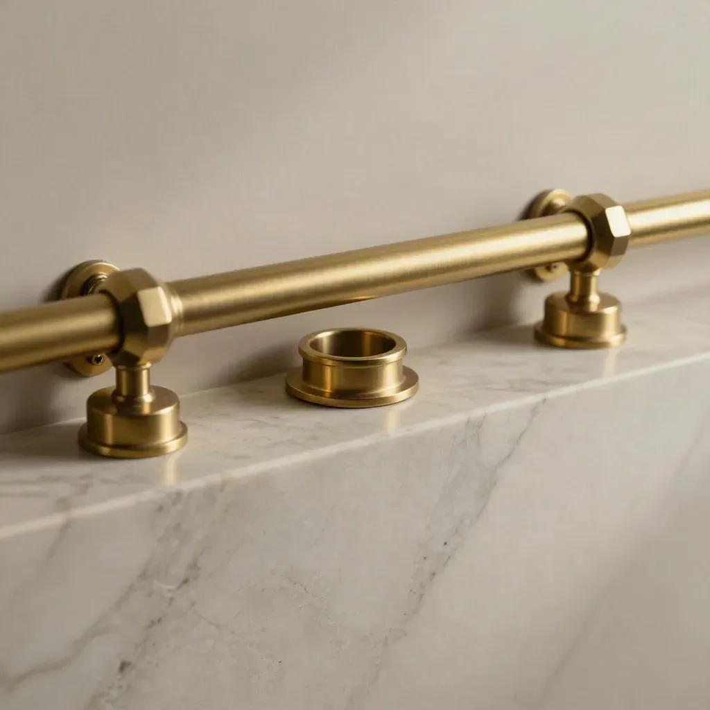 Brass curtain rods and finials on pale marble with soft shadow and calm copy space