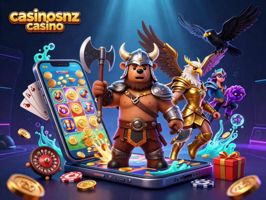 Experience thrilling adventures at casinosnz casino with a Viking bear, Valkyrie eagle, and dynamic gaming elements.