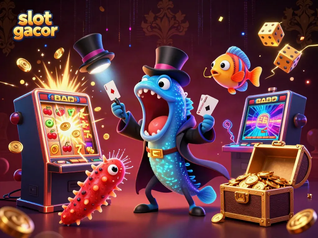 Gambarkan slot gacor dengan ikan dalam pertunjukan sulap dan elemen kasino yang kaya.