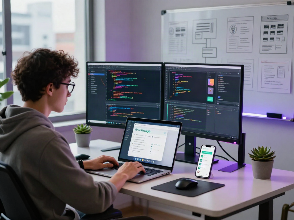 Developer coding gbwhatsapp on dual monitors in a modern workspace.