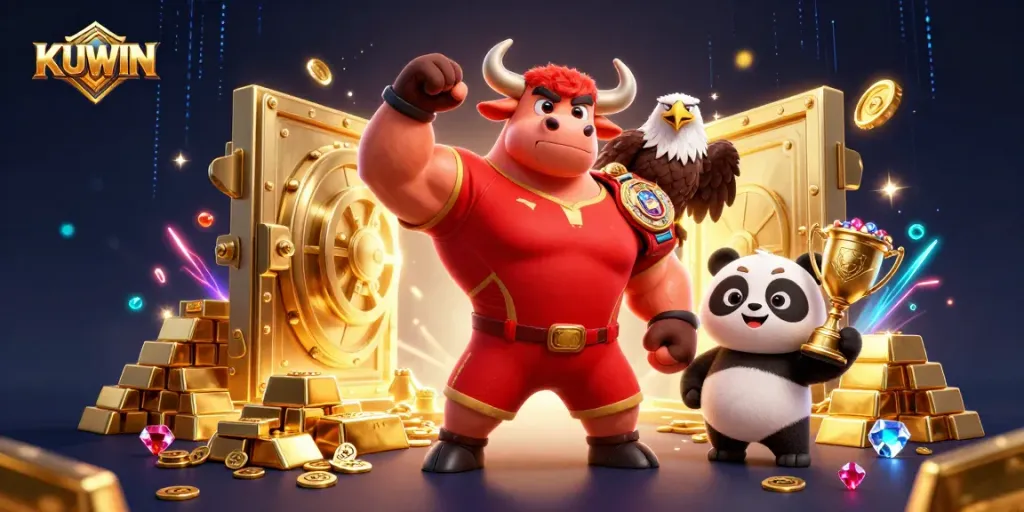 KUWIN gamers celebrate with a cheering bull mascot, eagle, and panda over sparkling treasures.