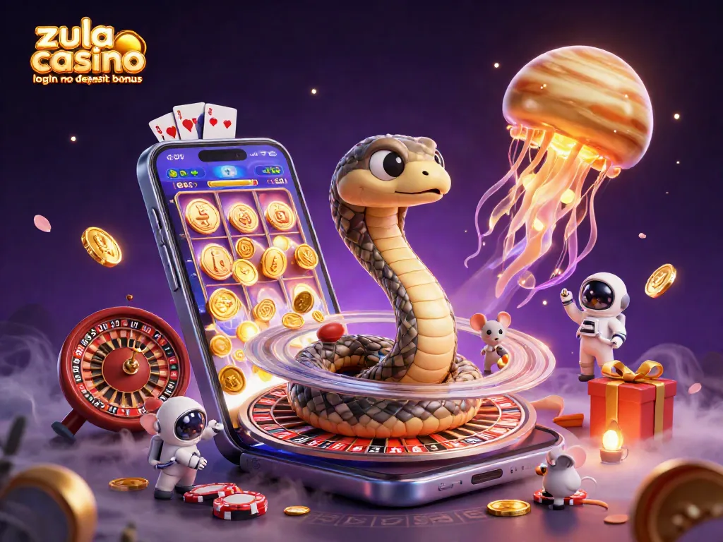 Zula casino login no deposit bonus showcases a vibrant space casino scene with characters engaging in cosmic gaming.
