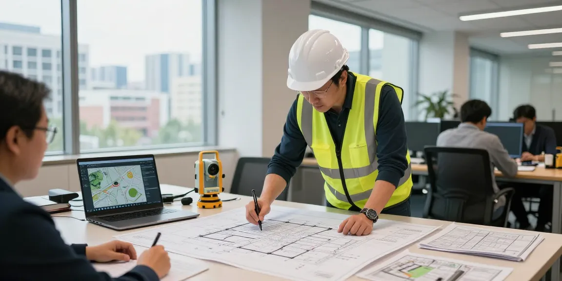 Measured building survey london in a modern construction office with surveyor and advanced surveying tools.