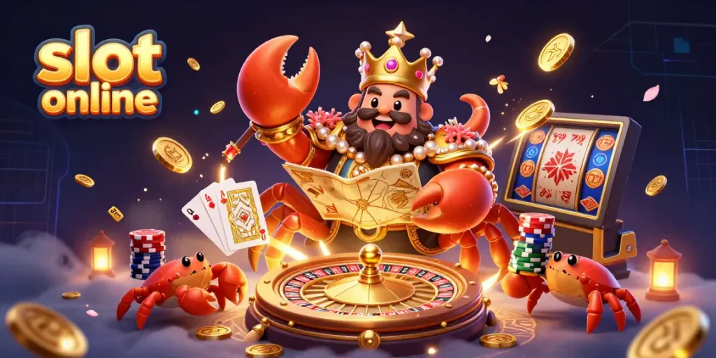 Experience the thrill of slot online gaming with a golden crab emperor, colorful poker chips, and dazzling coins.