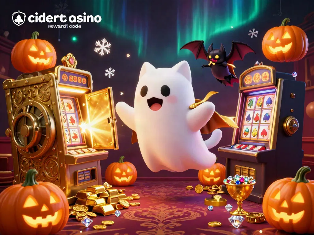 Cider casino reward code revealed as a friendly ghost cat and bat explore a treasure-filled casino.