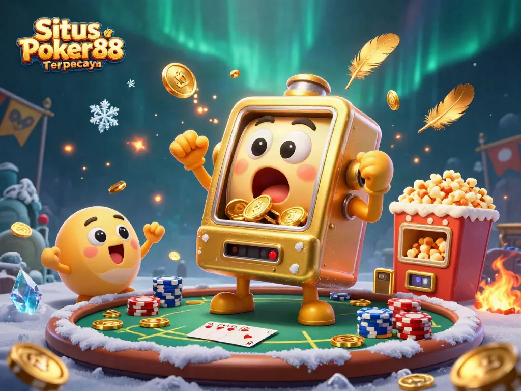 Situs Poker88 Terpercaya showcases a cheerful golden slot machine celebrating a jackpot amidst a lively casino scene with vibrant elements.