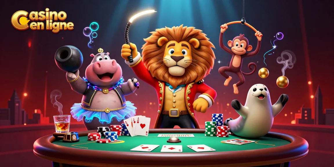 Gagnez chez casino en ligne avec une scène de cirque et des jeux de cartes colorés.