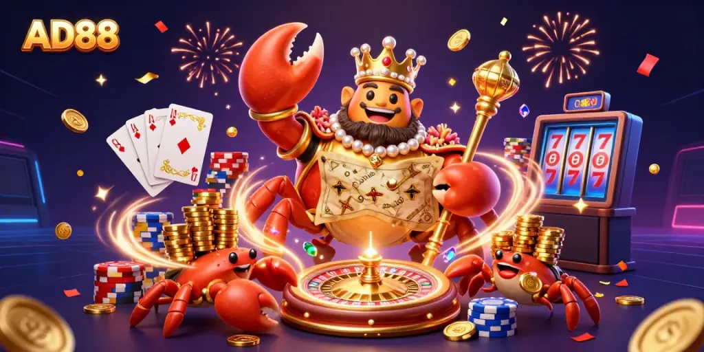 Experience the thrill of online gambling with AD88's vibrant casino illustration featuring a golden crab emperor amidst colorful gaming elements.