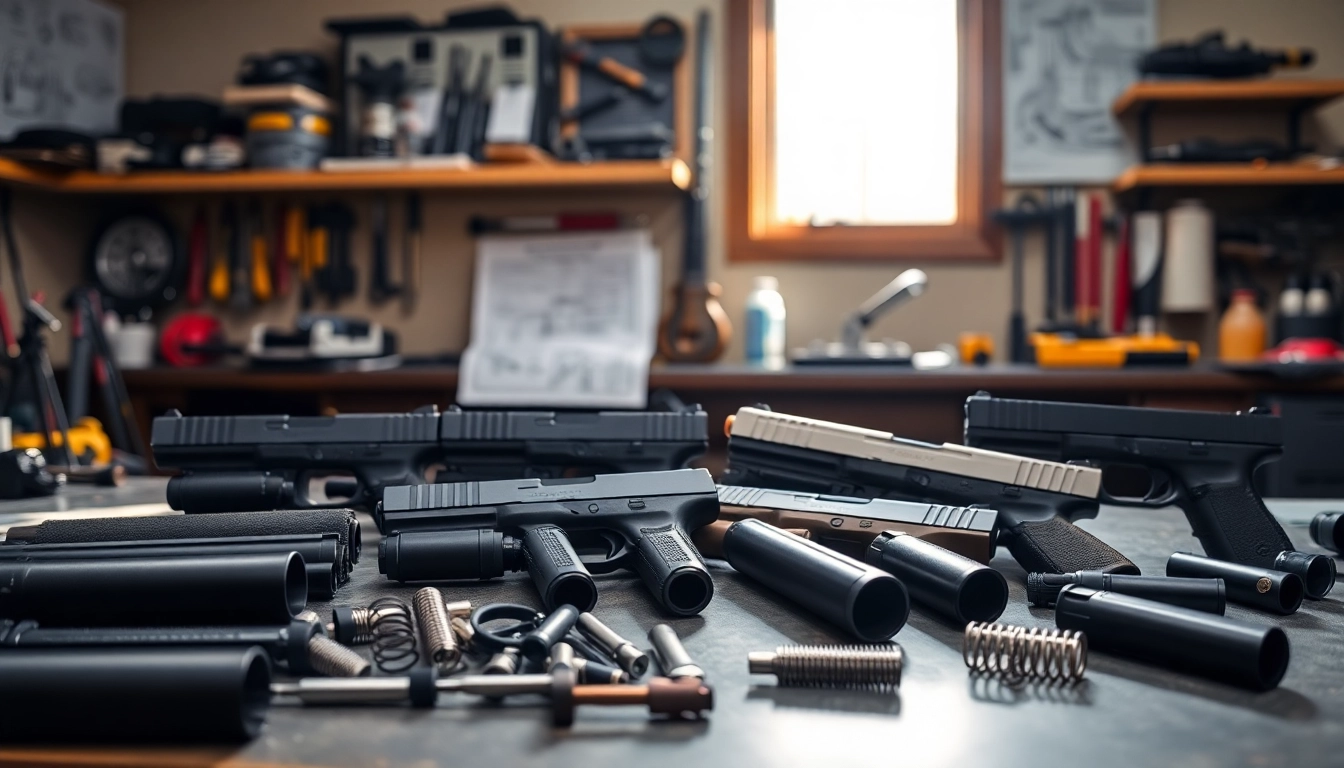 Glock 19 slides showcasing various finishes on a workbench to highlight customization.