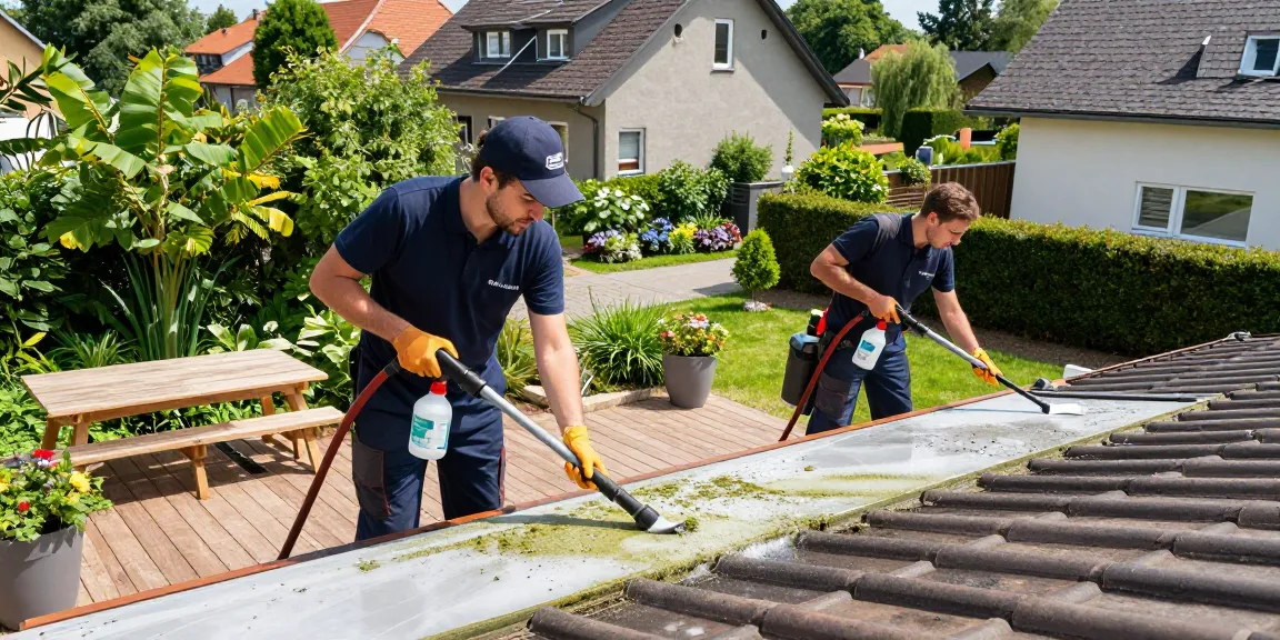 Professionelle Reinigung Aßlar: Team reinigt Fassade und Terrasse materialschonend mit umweltschonenden Mitteln.