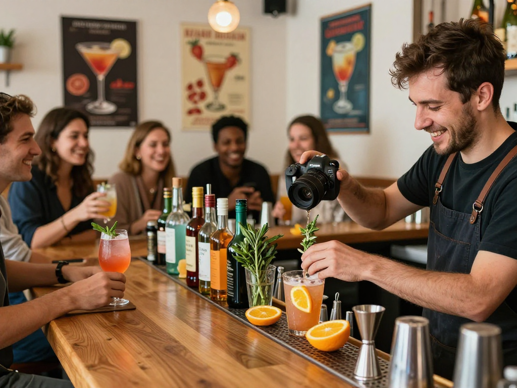 Experience the best chuflay cocktail near me being expertly crafted in a lively bar setting.