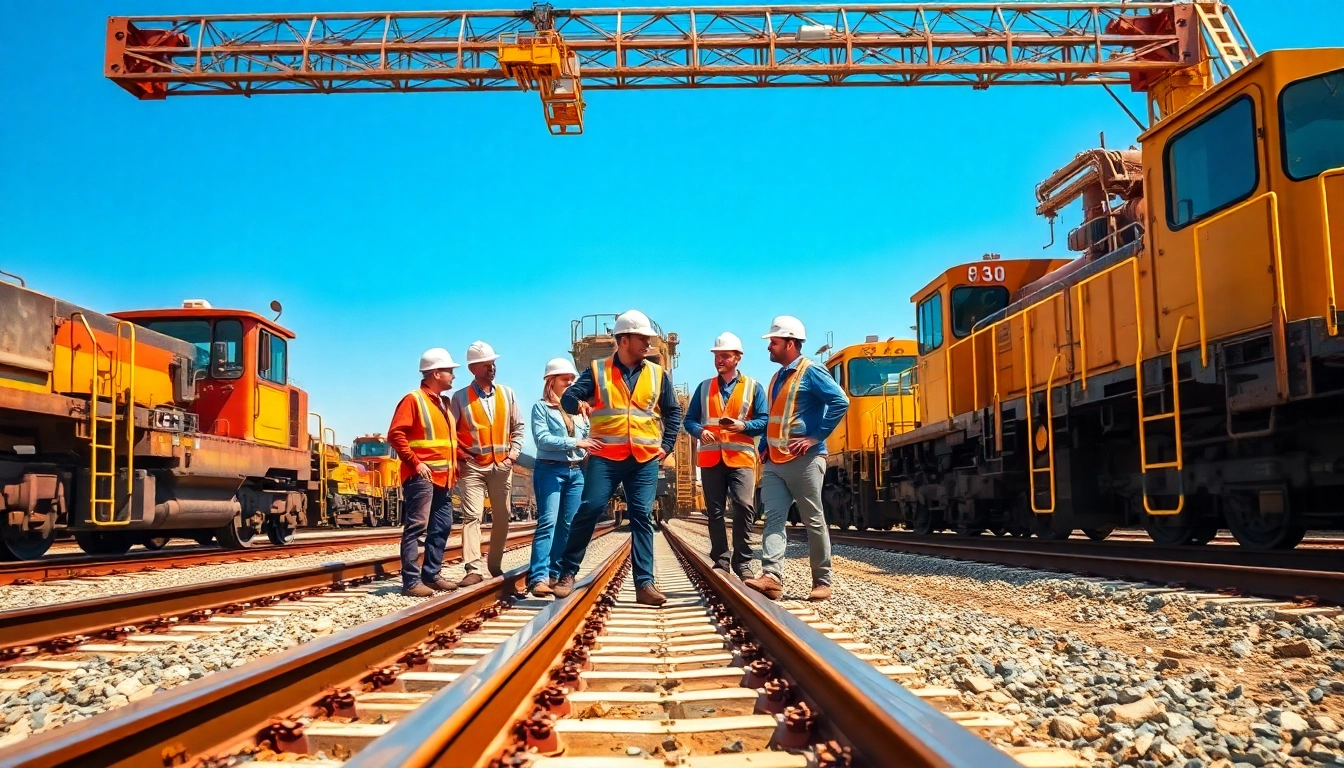 Railroad Contractors collaborating on track inspection, showcasing teamwork and expertise.
