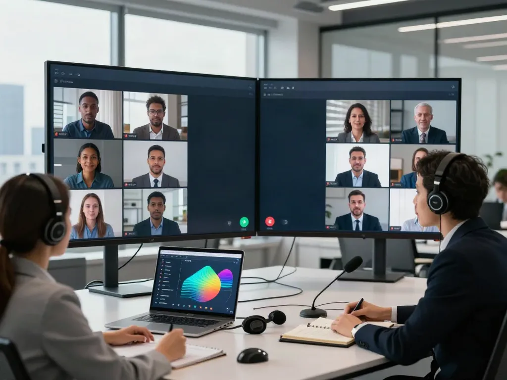 Deepfake protected Online Video Calls, Meetings and Conferencing in a modern office with diverse professionals engaged in a virtual meeting.
