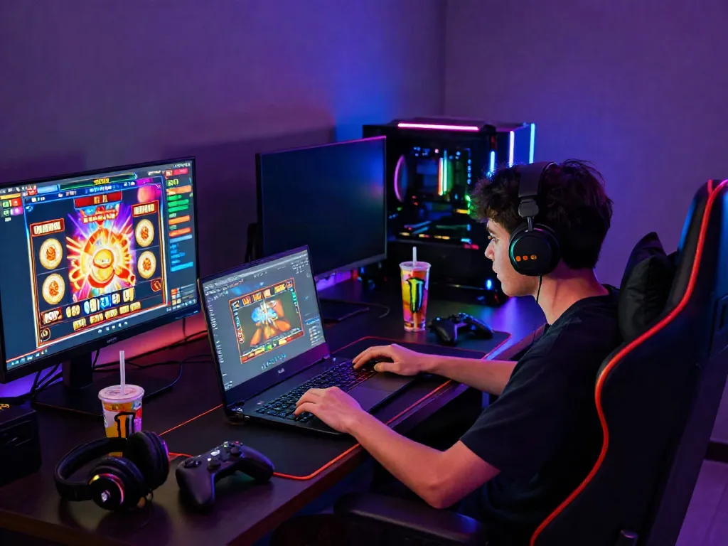 Engaged gamer exploring situs slot gacor on vibrant gaming setup with multiple monitors.