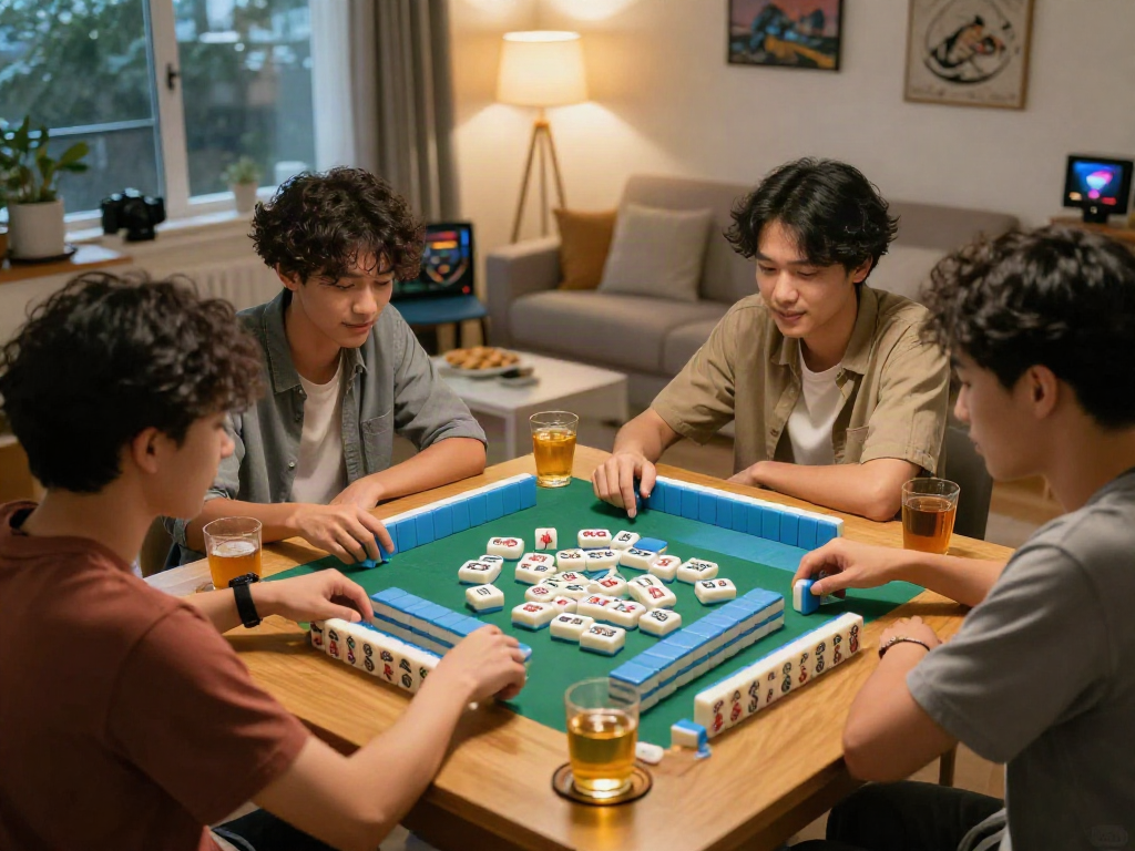 Friends enjoying a Mahjong game, showcasing vibrant tiles and a lively atmosphere around MAHJONGJP88.