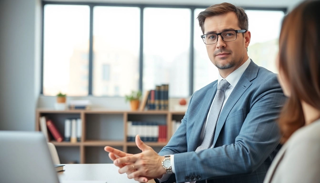 Alpharetta Personal Injury Lawyer advising a client in a modern office setting.