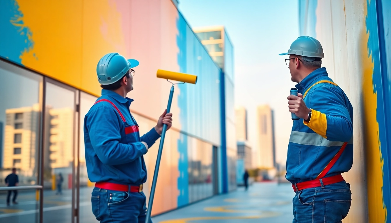Find trusted commercial paint services near me reflected in skilled workers painting a vibrant building.
