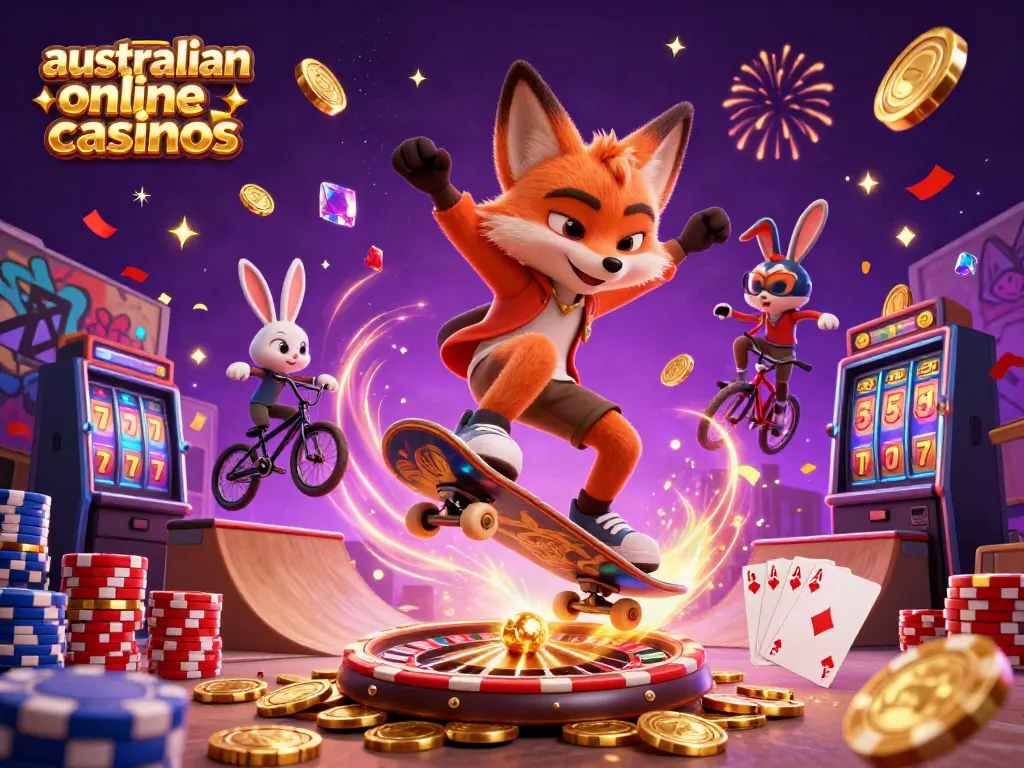 Experience stunning australian online casinos with vibrant characters doing tricks in a casino-themed scene.