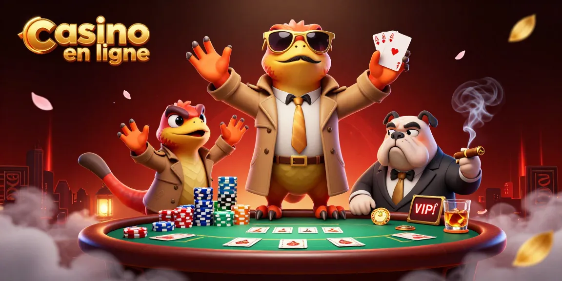 Rencontrez trois rapaces déguisés en homme dans un casino en ligne, entourés de jetons de poker.